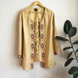 Inca Linen Blend Beaded Tunic Cardigan Small Bohemian Southwest Aztec Lagenlook